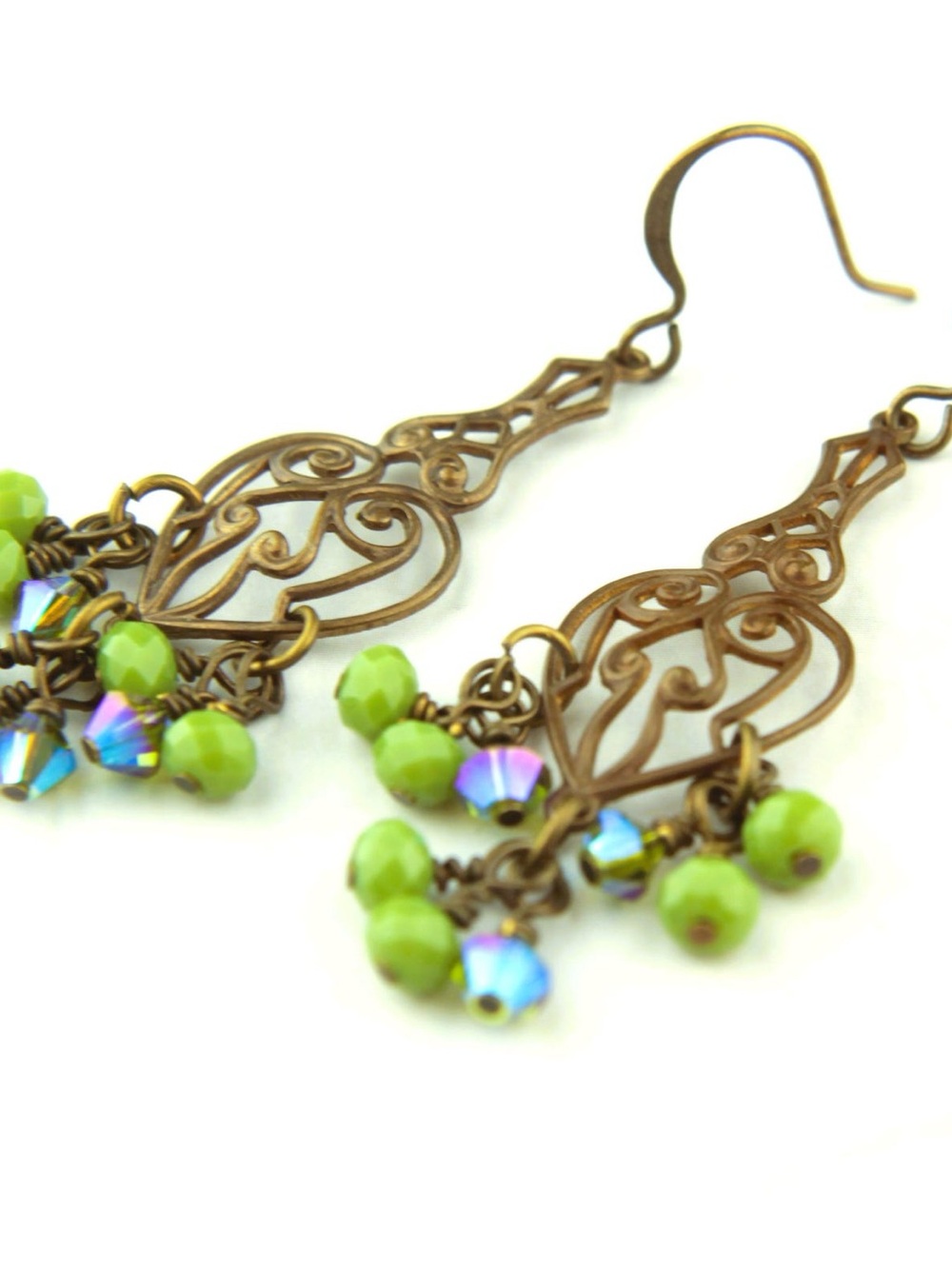 Antique Bronze Filigree Drop Earrings with Lime Beads